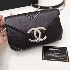Chanel Grained Calfskin Chevron Flap Bag Black A93774 VS05263