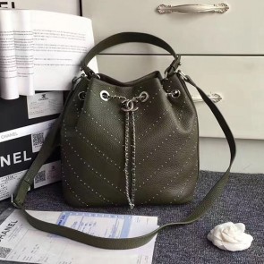 Chanel Stud Calfskin Bucket Bag Green A93598 VS08204
