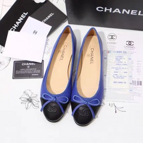 Cheap Imitation Chanel Blue Lambskin Ballet Flats Black Cap Toe CH1610 VS07155
