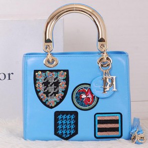 Christian Dior Badge Leather Small Lady Dior Bag CD0550 Blue VS09594