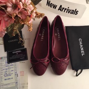 Copy Chanel Burgundy Lambskin Ballet Flats Cap Toe CH1640 VS06925