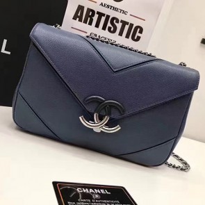 Copy Chanel Grained Calfskin Chevron Flap Bag Blue A93774 VS06701