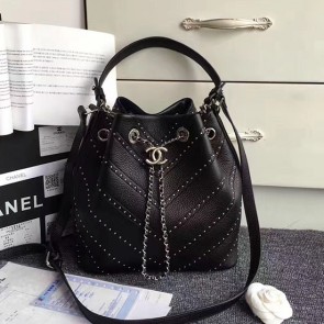 Copy Chanel Stud Calfskin Bucket Bag Black A93598 VS08022
