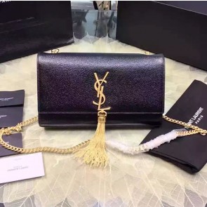 Copy Medium Kate Monogram Saint Laurent Tassel Satchel in Black Metallic Leather 354119 VS05050
