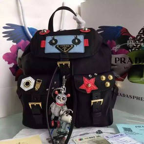 Designer Prada Robot Fabric Backpack Black and Pale Blue 1BZ677 VS06759
