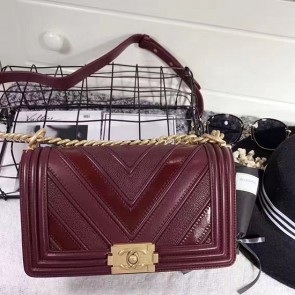 Designer Replica Chanel Chevron Medium Boy Bag Burgundy A67086 VS06664