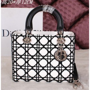 Dior Caflskin Leather Lady Dior Bag D0321 Black&White VS06411