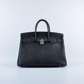 Fake AAA Hermes Birkin 35CM Tote Bag Black Grainy Leather Silver VS08325