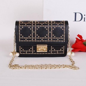 Fake Christian Dior Studded Leather Flap Shoulder Bag CD8116 Black VS07353