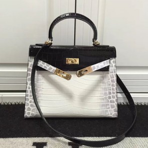 Fake Fake Hermes Kelly 28 Tote Bag Black and White Croco Leather HBC12 VS04736