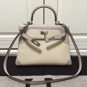 Fake Hermes Kelly 28 Tote Bag in Off-white and Grey Swift Leather HK1220 VS08201