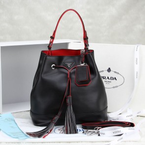 Fake Prada Leather Drawstring Pouch Nero Bag 55069 in Black Calfskin Leather LSS VS01642