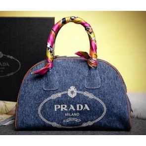 Fake Prada Logo Printed Mudium Canvas Denim Tote Bags BN2911 Royal VS00836