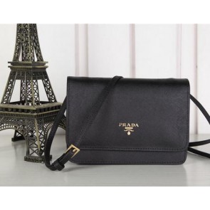 Fake Prada Saffiano Leather Flap Shoulder Bag BT1213 Black VS09813