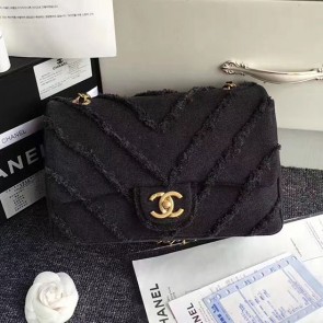 Fashion Chanel Black Canvas Patchwork Chevron Medium Flap Bag 040101 VS02373