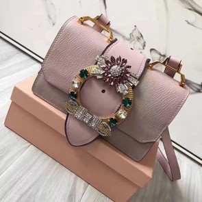 Fashion Imitation Miu Miu Crystal Goat Leather Shoulder Bag Light Pink 5BH609 VS09358