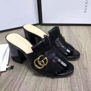 Gucci Calf Leather Mid-heel Slide Black 453495 VS05432