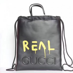 Gucci Guccighost Drawstring Backpack Black with Yellow Print 474210 VS04014