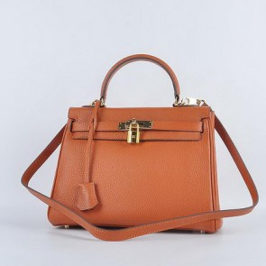 Hermes Kelly 28cm Shoulder Bags Orange Grainy Leather Gold VS06128