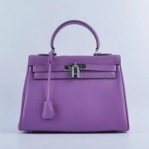 Hermes Kelly 28cm Shoulder Bags Purple Grainy Leather Silver VS07217