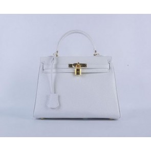 Hermes Kelly 28cm Shoulder Bags White Grainy Leather Gold VS01360