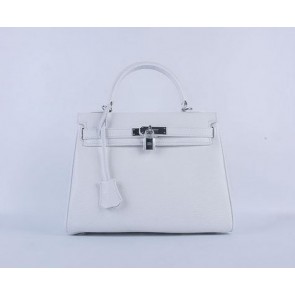Hermes Kelly 28cm Shoulder Bags White Grainy Leather Silver VS02784