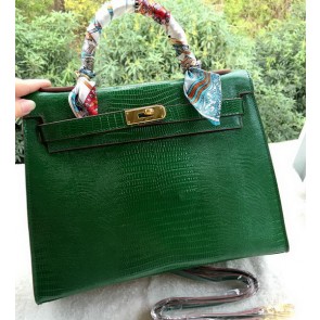 Hermes Kelly 32cm Shoulder Bag Lizard Leather K32LI Green VS05950
