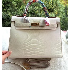Hermes Kelly 32cm Shoulder Bag Lizard Leather K32LI OffWhite VS06791