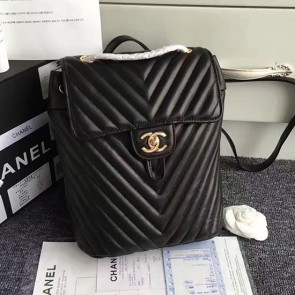 High Quality Chanel Urban Spirit Chevron Lambskin Backpack Black Gold Hardware 170302 VS01805