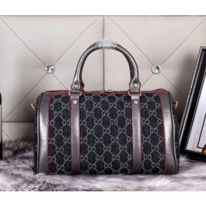 Hot Fake Gucci 247205 Vintage Web Denim Canvas Boston Bags Black VS06101