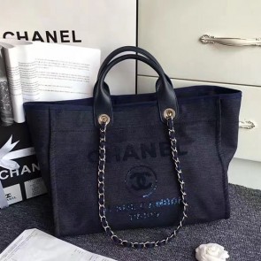 Imitation Chanel Canvas and Sequins Cubano Trip Deauville Shopping Bag Blue A66941 VS06532