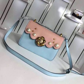 Imitation Gucci Bow Pearl Studs Shoulder Bag Pink and Blue 496325 VS07073