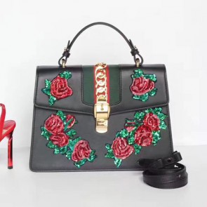 Imitation Gucci Sylvie Embroidered Leather Top Handle Bag Black 431665 VS07053