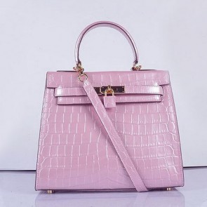 Imitation Hermes Kelly 28cm Shoulder Bags Pink Croco Patent Leather Gold VS01490