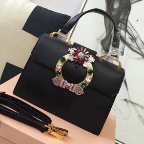 Imitation Miu Miu Crystal Goat Leather Top Handle Bag Black Gold Hardware 5BH1108 VS08852