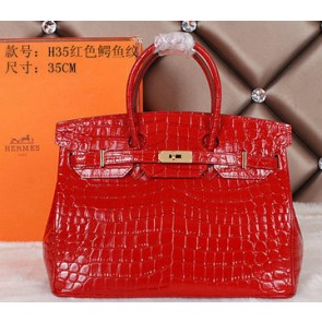 Knockoff Hermes Birkin 35CM Tote Bag Shiny Croco Leather H35C Red VS05000