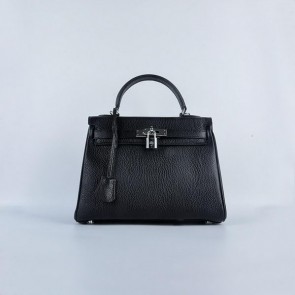 Knockoff Hermes Kelly 28cm Shoulder Bags Black Grainy Leather Silver VS01271