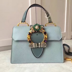 Knockoff Miu Miu Crystal Goat Leather Top Handle Bag Light Blue 5BH1108 VS09760