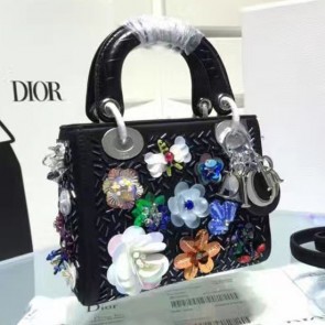 Lady Dior Bag Black Calfskin Embroidered with Flower 311010 VS08875