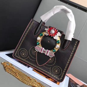 Miu Miu Goat Leather Top Handle Bag Black and Brown 5BA043 VS07031