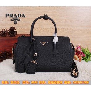 Prada Original Grainy Leather Boston Bags BN6804 Black VS05180