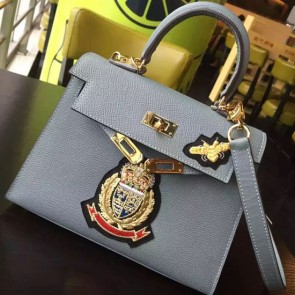 Replica AAAAA Hermes Crown Bee Togo Calfskin 22CM Kelly Bag Grey K0517 VS09486
