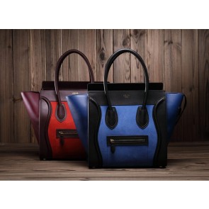 Replica Celine Mini Smile Face Boston Tote Bag 3308 in Blue with Black Suede Caviar with Original Leathe VS08103