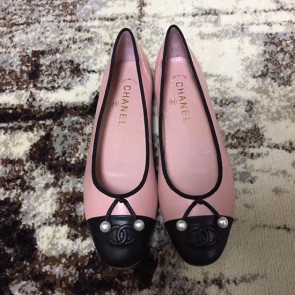 Replica Chanel Pink Lambskin Ballet Flats Black Cap Toe CH1620 VS08366