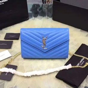 Replica Cheap Saint Laurent Chain Wallet In Blue Grain De Poudre Textured Matelasse Leather 377828 VS05442