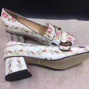 Replica Gucci Flower Leather Mid-heel Pump White 461947 VS08041