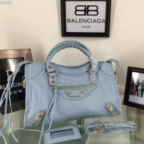 Replica Luxury Balenciaga Goatskin Classic Metallic Edge City Bag B30589 Light Blue VS09348