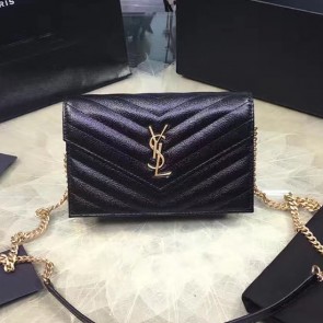 Saint Laurent Envelope Chain Wallet in Black Grained Calfskin 201120 VS06091