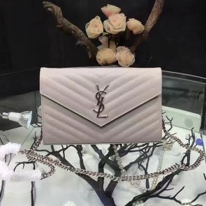 Saint Laurent Light Pink Grained Matelasse Leather Chain Wallet Y221220 VS06874