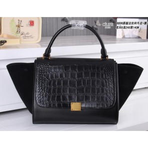 Sale 1:1 Celine Trapeze Bag Croco Ferrari Suede Leather CL6608 Black VS07693